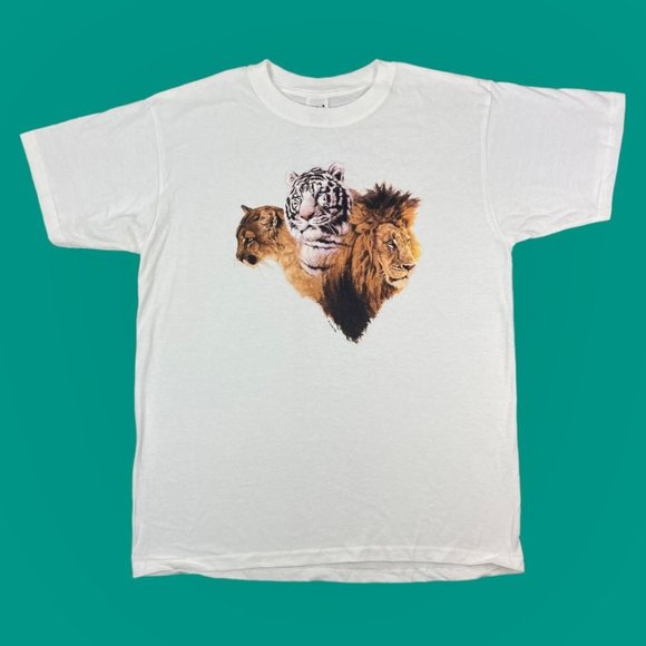 Vintage Human-i-Tees Cougar Lion Tiger Graphic Short Sleeve White T-Shirt Anvil - Picture 1 of 7